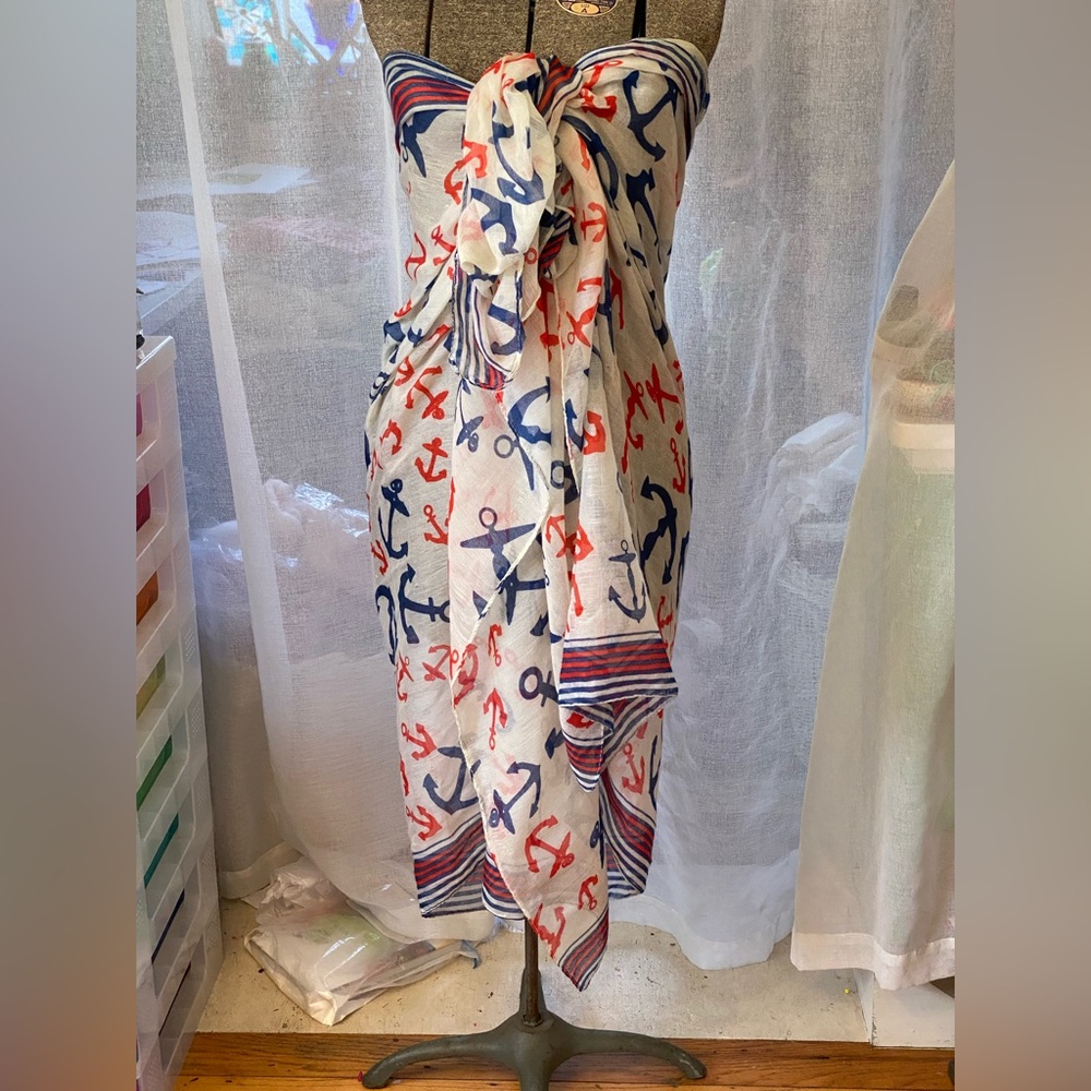 X Large Nautical Anchor Print Sailor Scarf in Navy and Red on Cream Sarong Wrap